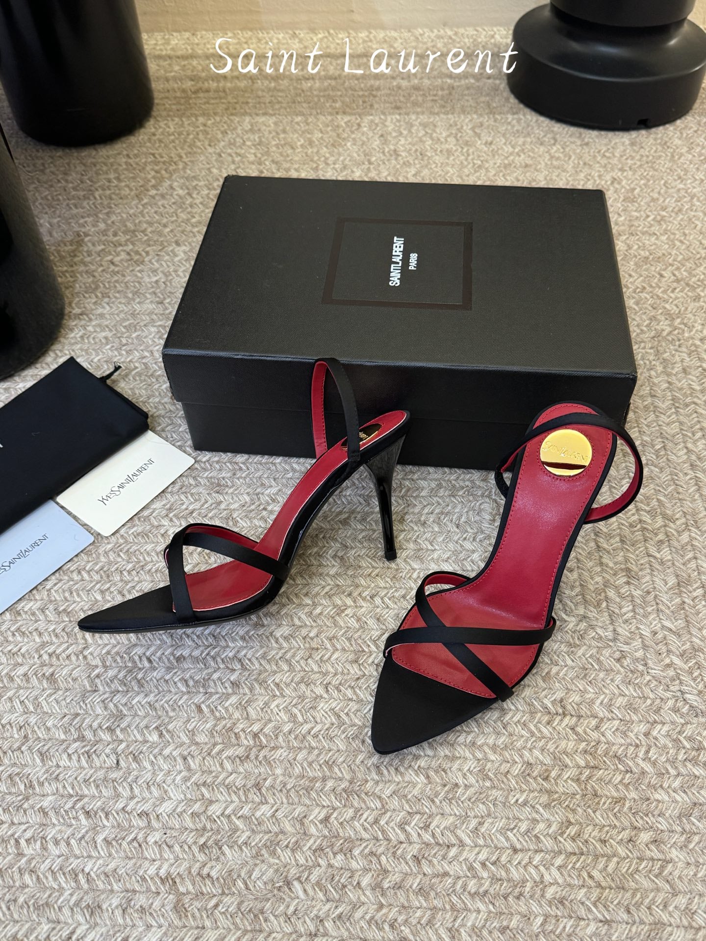 Saint Laurent Metal Logo Satin Heeled Sandals