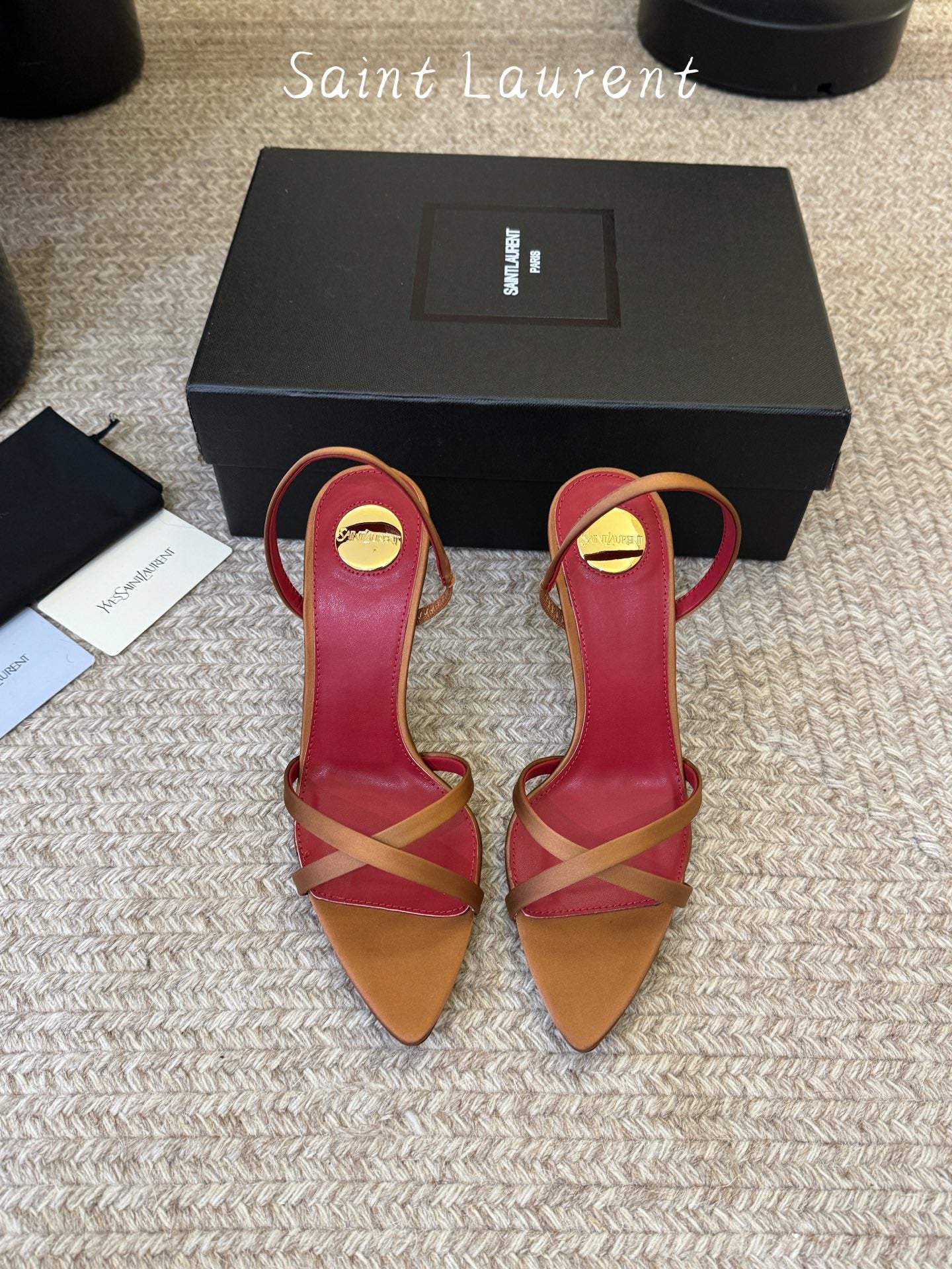 Saint Laurent Metal Logo Satin Heeled Sandals