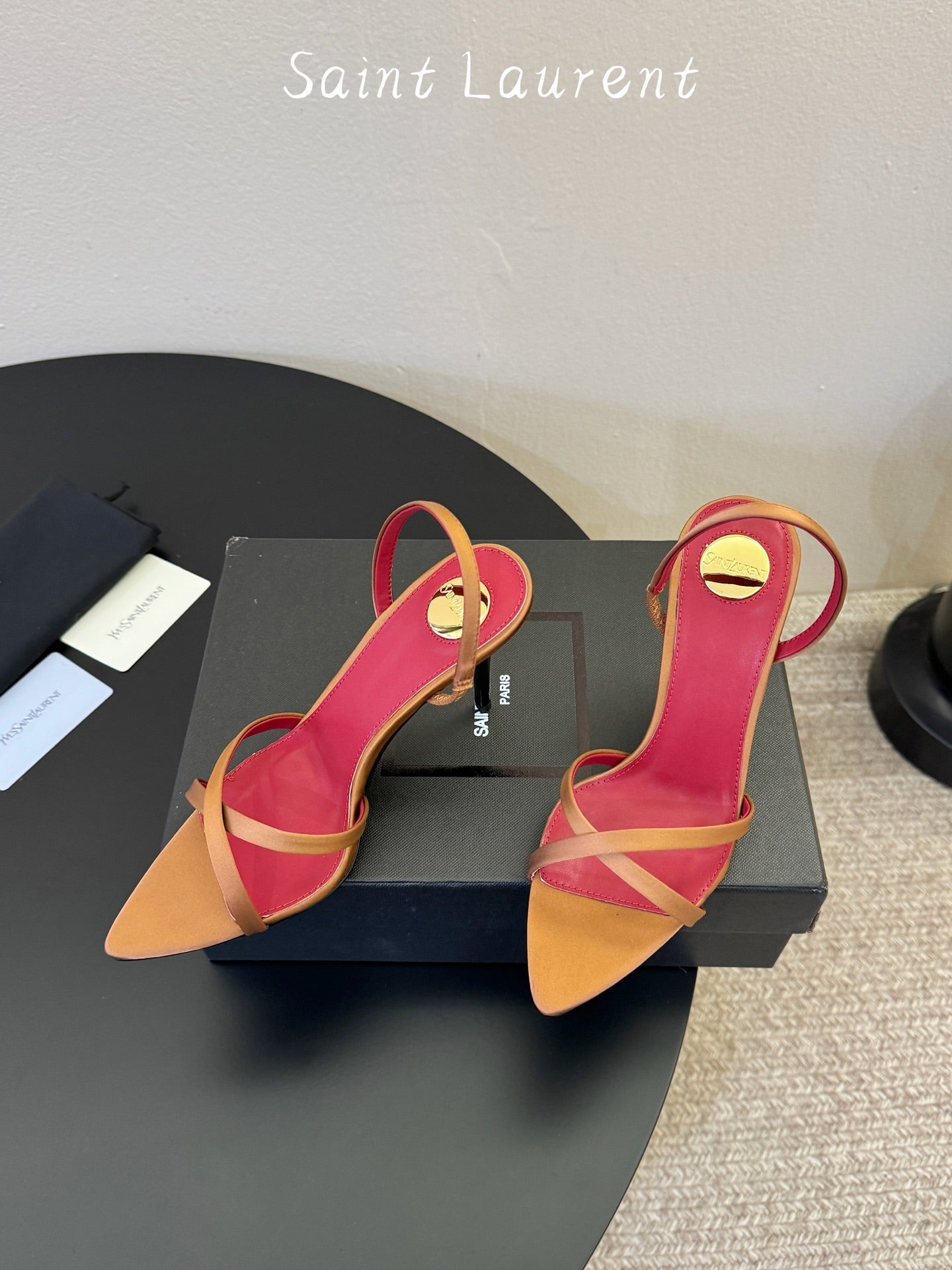 Saint Laurent Metal Logo Satin Heeled Sandals