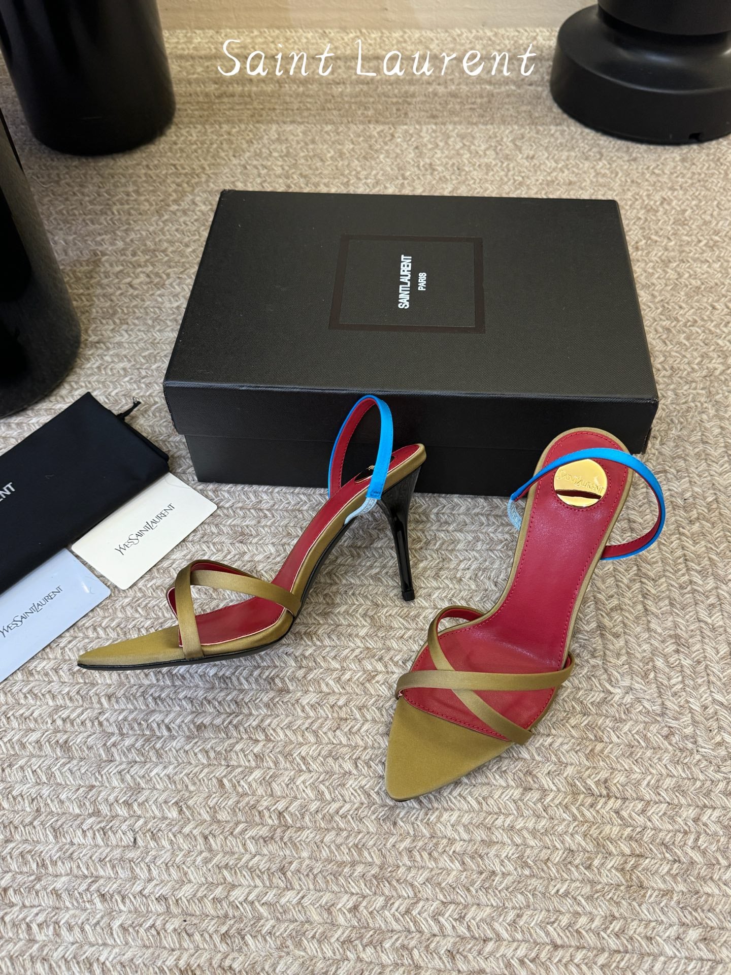 Saint Laurent Metal Logo Satin Heeled Sandals