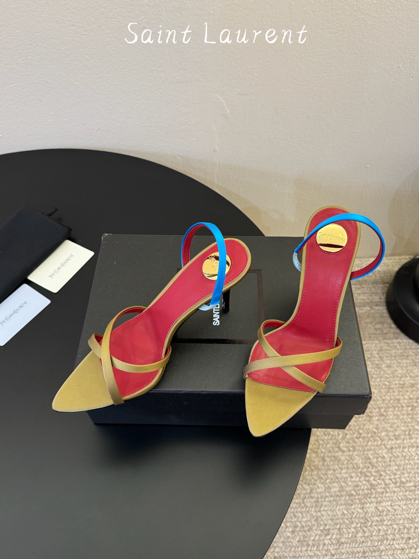 Saint Laurent Metal Logo Satin Heeled Sandals
