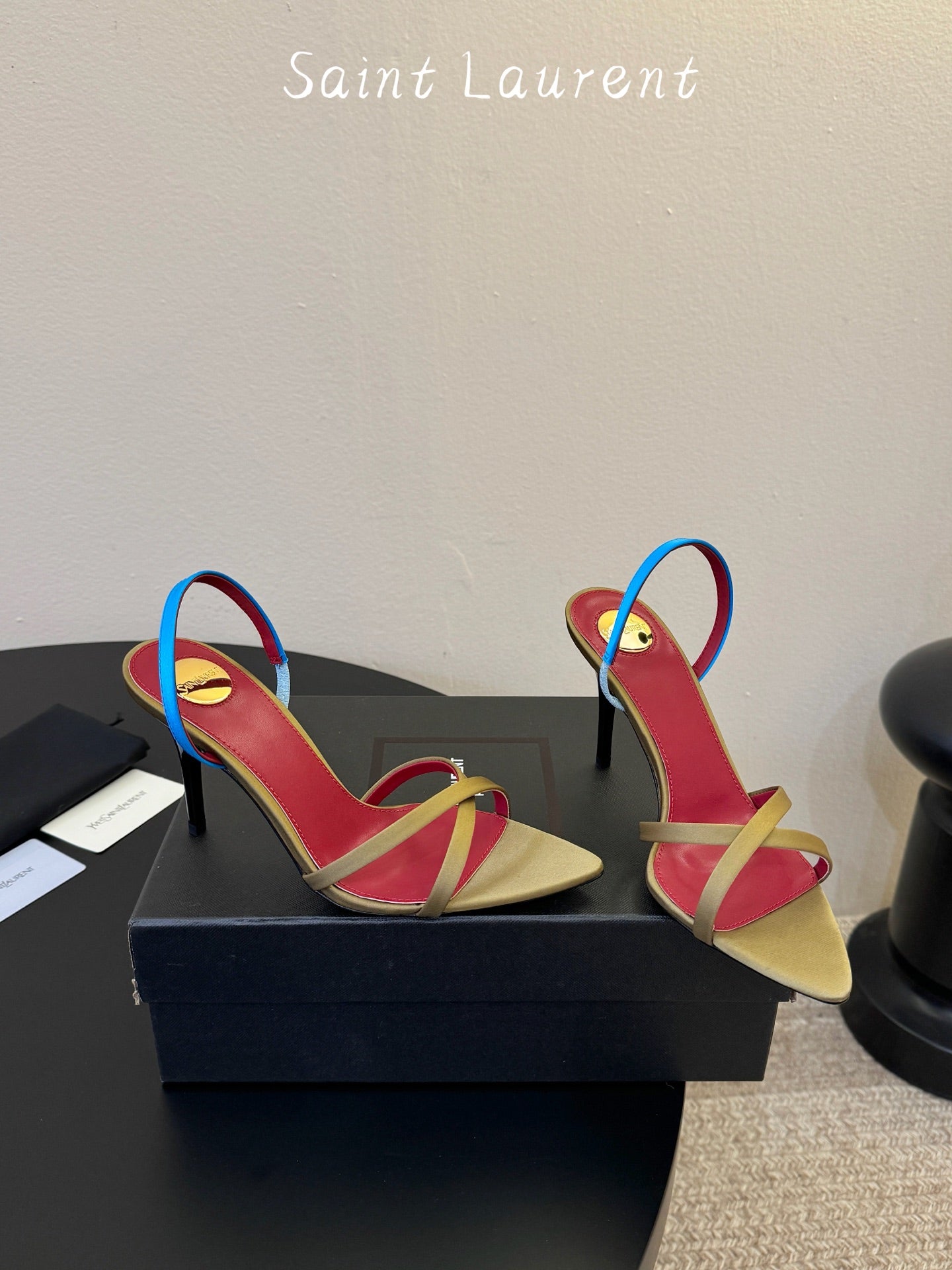 Saint Laurent Metal Logo Satin Heeled Sandals