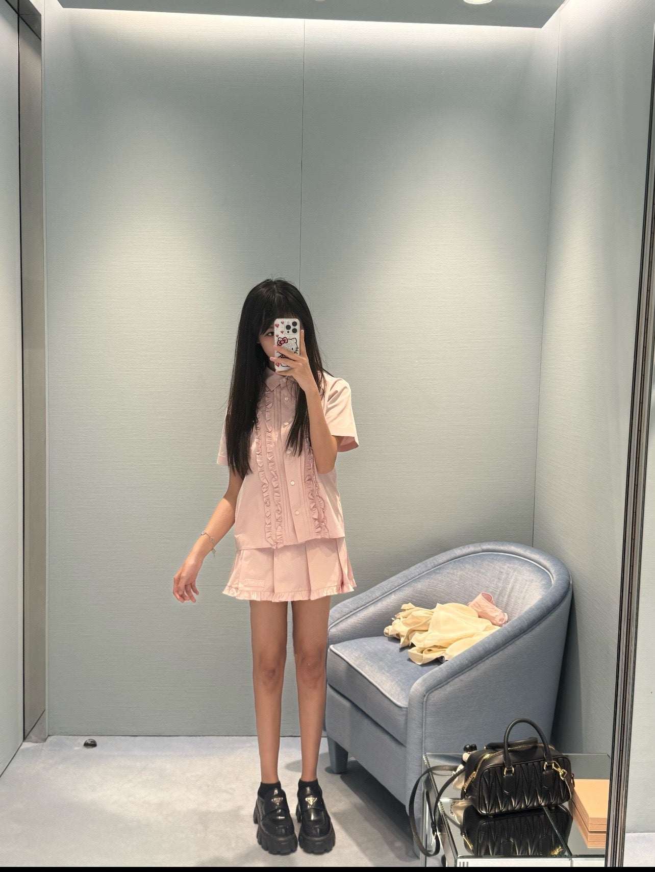 Miu Miu Embroidered Ruffle Shirt and Pleated Skort Set