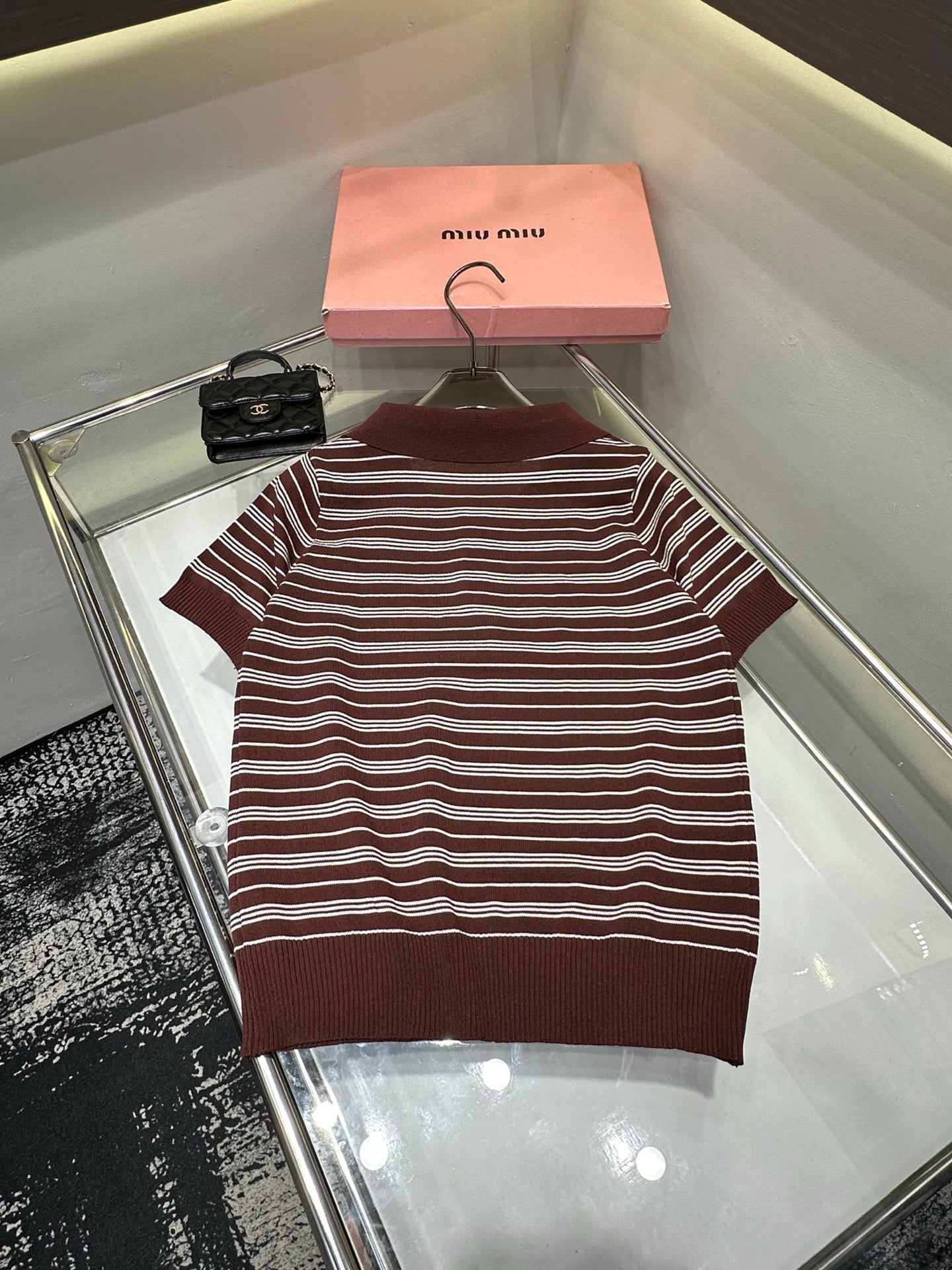 Miu Miu Embroidered Striped Knit Polo Shirt