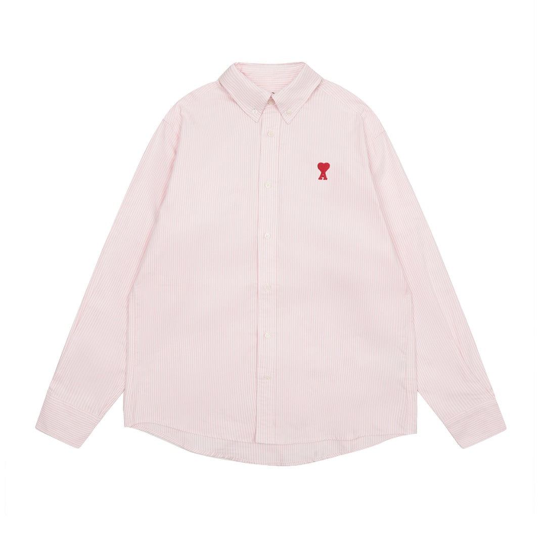 AMI Paris Small Heart Embroidered Striped Long Sleeve Shirt