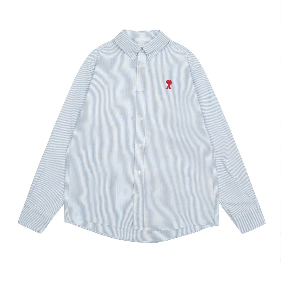 AMI Paris Small Heart Embroidered Striped Long Sleeve Shirt