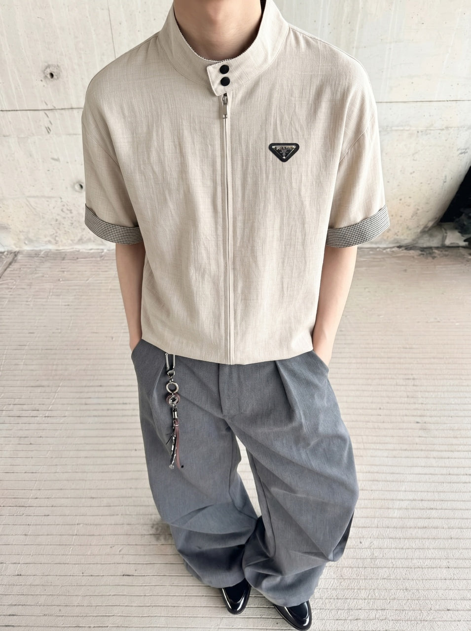 Prada Checkered Patchwork Half-Zip Cardigan – Spring/Summer Collection