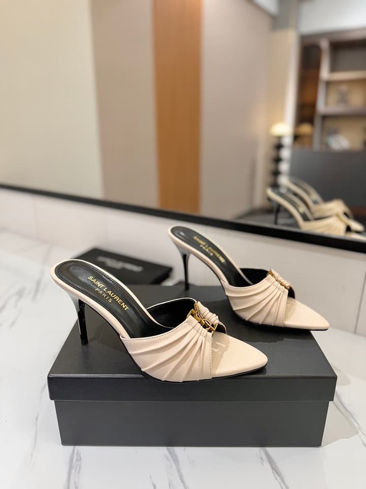 Saint Laurent Crystal Chain Heeled Sandals – 2025 Spring/Summer Collection in Beige