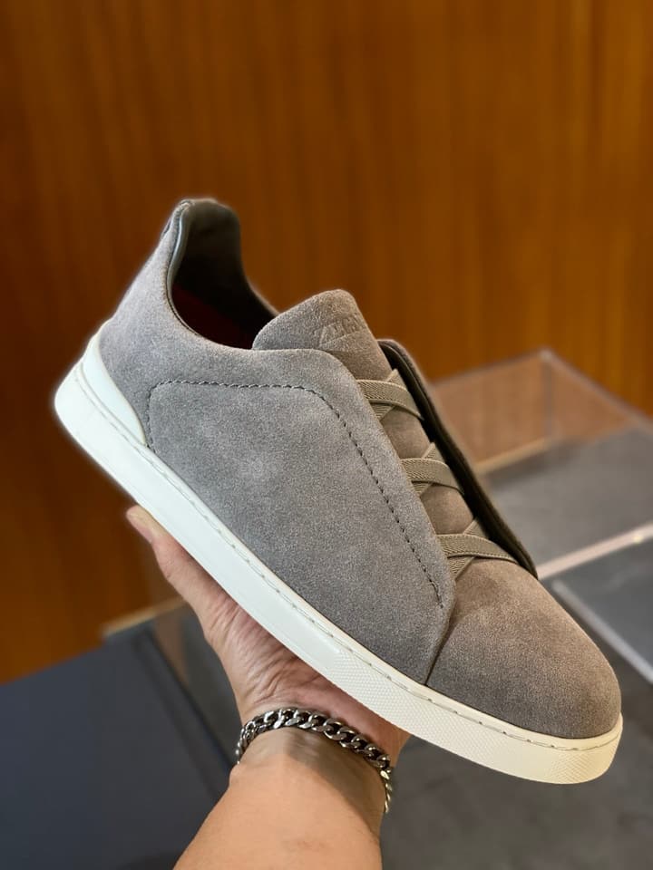 Zegna Triple Stitch Leather Sneakers in Black Smooth Leather