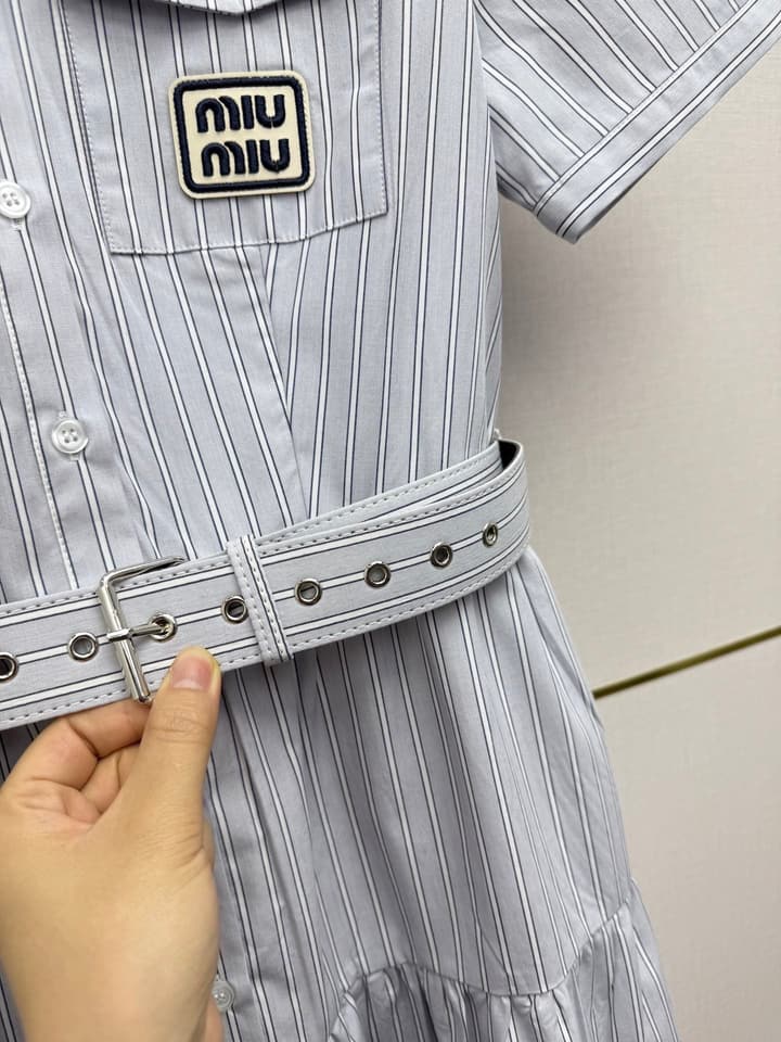 Miu Miu Striped Short-Sleeve Tiered Dress – Spring/Summer Collection in Light Blue