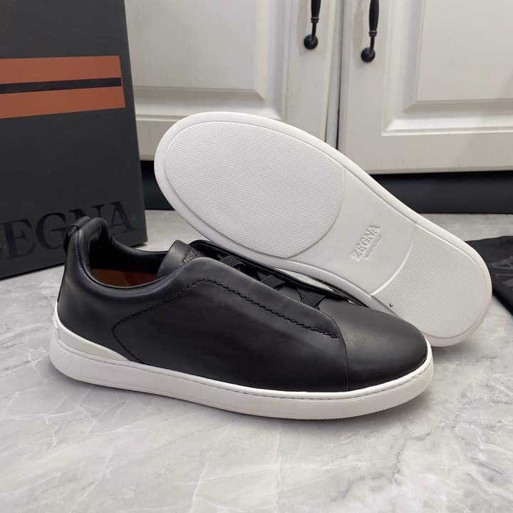 Zegna Triple Stitch Low-Top Sneakers in Navy Blue