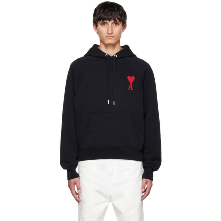Ami Paris Ami De Coeur Heart Embroidery Hoodie in Beige