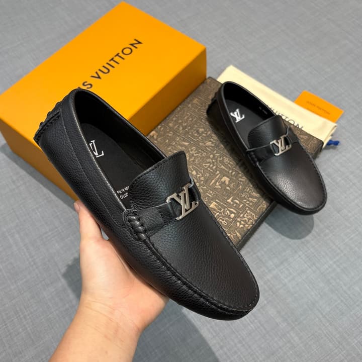 Louis Vuitton Men's Grained Leather Driving Shoes in Dark Gunmetal Hardware