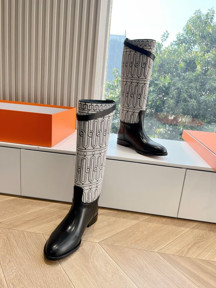 Hermès Jumping Canvas & Leather Knee-High Boots – 2024 Collection in Black