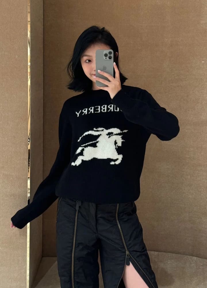 Burberry Equestrian Knight Jacquard Crewneck Sweater in Black