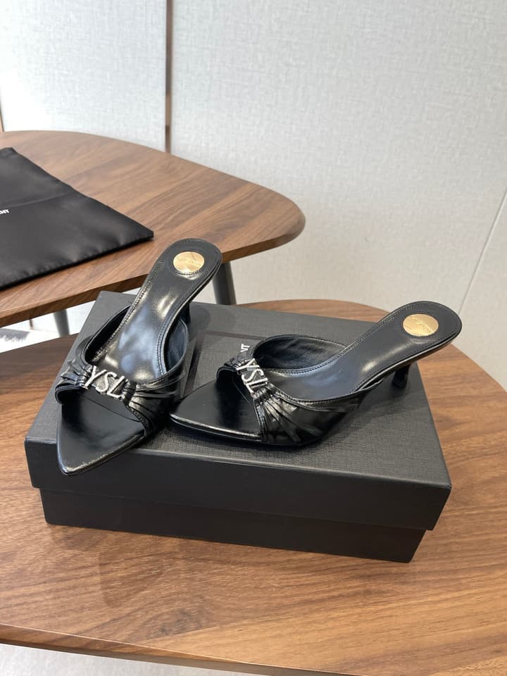 Saint Laurent Pointed Toe Stiletto Heeled Sandals – 26SS in Black - Gold Logo Plaque