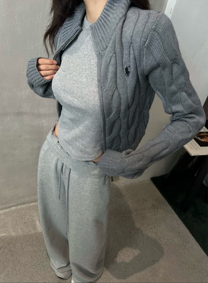 Ralph Lauren Double Zipper Cable Knit Cardigan in Slate Gray