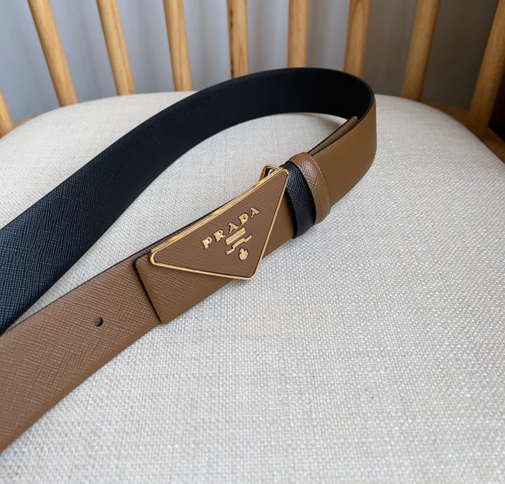 Prada Triangle Logo Buckle Belt in Classic Camel Leather