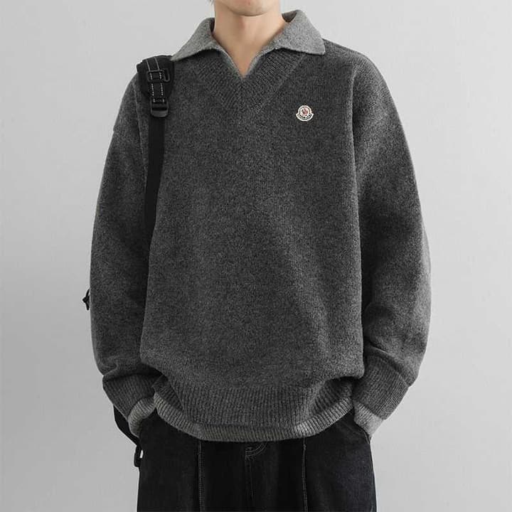 Moncler Double V-Neck Blended Knit Sweater – Spring/Autumn New Collection in Dark Grey