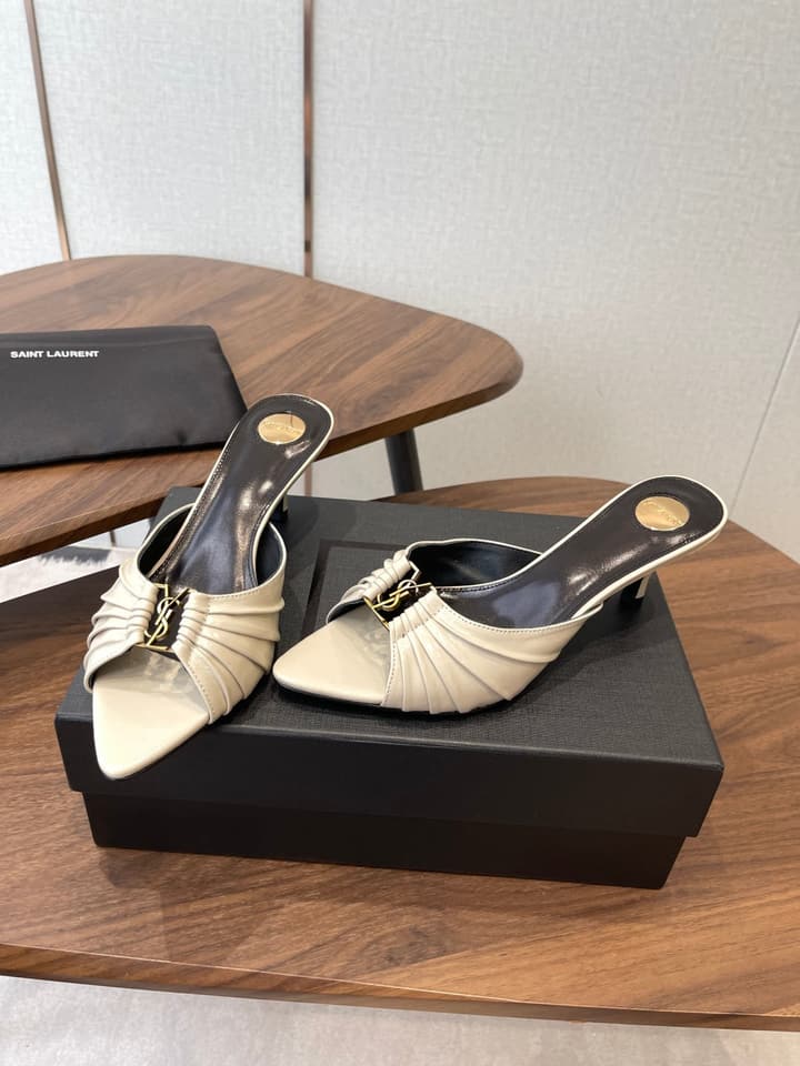 Saint Laurent Pointed Toe Stiletto Heeled Sandals – 26SS in Black - Gold Logo Plaque