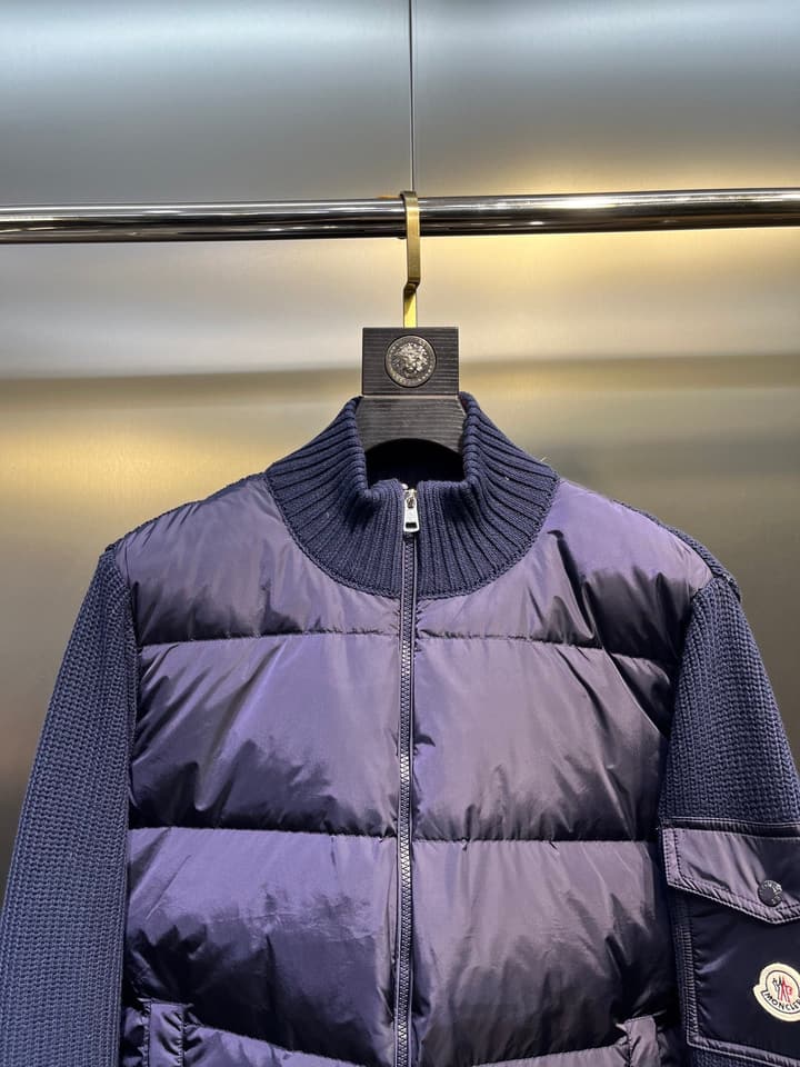 Moncler Knitted Patchwork Stand-Collar Jacket in Dark Brown