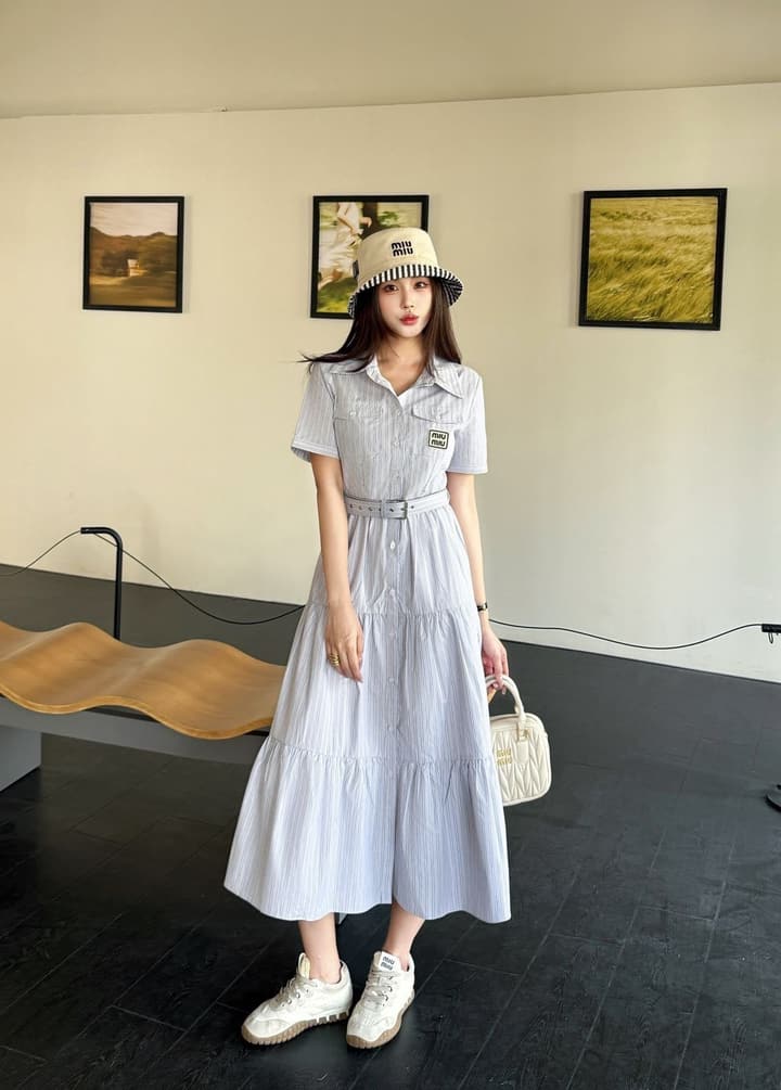 Miu Miu Striped Short-Sleeve Tiered Dress – Spring/Summer Collection in Light Blue