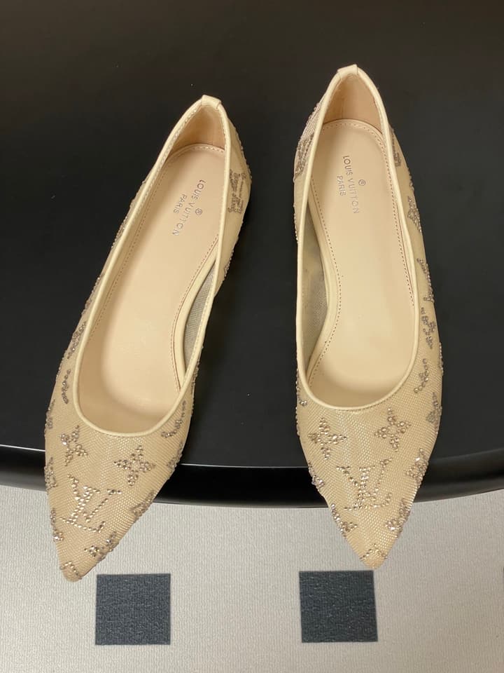 Louis Vuitton Mesh Crystal Pointed-Toe Flats – 25SS Summer Collection in Black Patterned