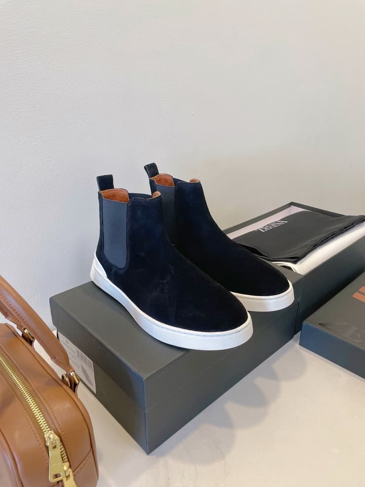 Zegna COUTURE Triple Stitch Leather Sneakers in Black Suede With Dark Sole