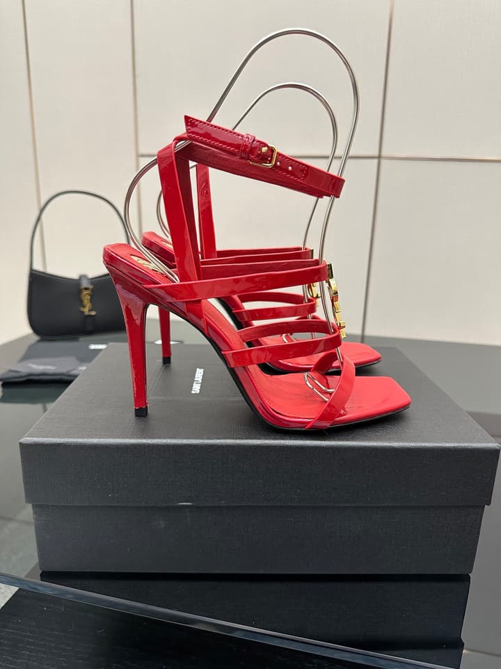 Saint Laurent Patent Leather Heeled Sandals in Bright Amber