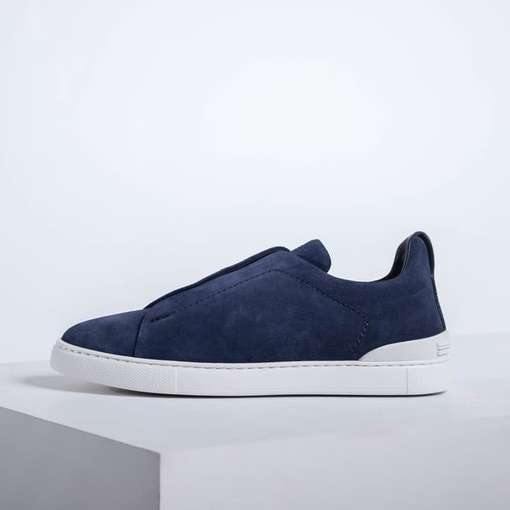 Zegna SECONDSKIN Triple Stitch Low-Top Sneakers in Navy Smooth Leather