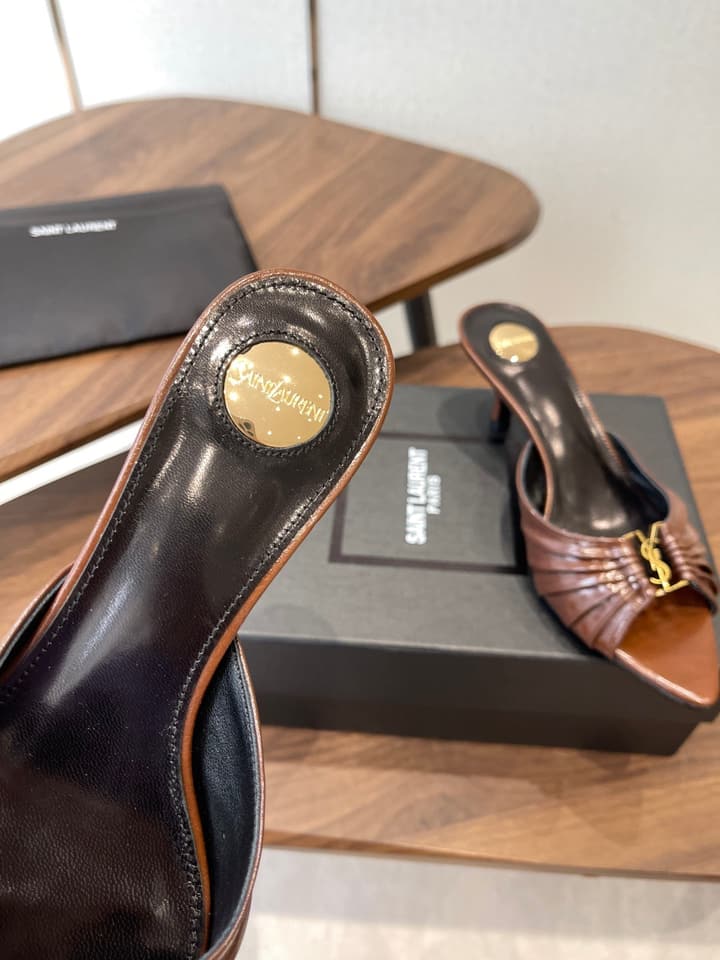 Saint Laurent Pointed Toe Stiletto Heeled Sandals – 26SS in Black - Gold Logo Plaque
