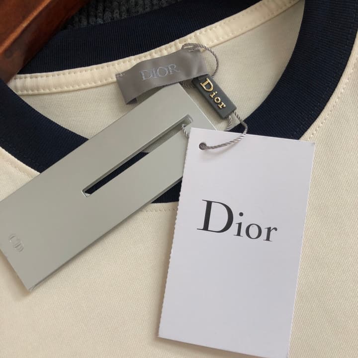 Dior Embroidered Logo T-Shirt – 2026SS in Apricot Ringer With Navy Collar