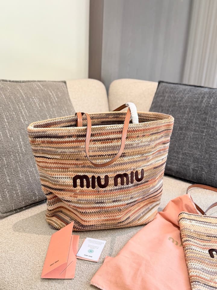 Miu Miu Knit Woven Tote Bag – Vacation Collection in Milk Tea Multi-Color Knit
