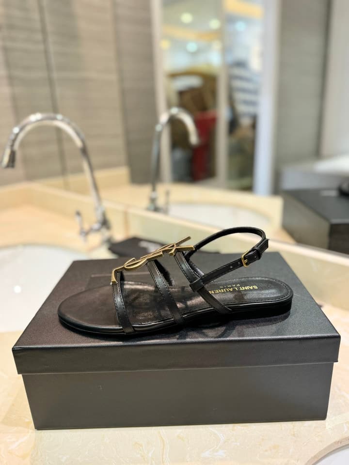 Saint Laurent YSL Metal Logo Heeled Sandals in Matte Black Criss-cross Strap Sandal