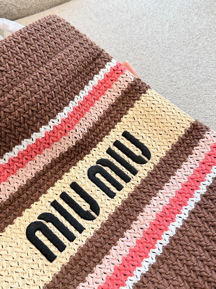 Miu Miu Knit Woven Large Tote Bag in Burgundy Multi-Color Striped