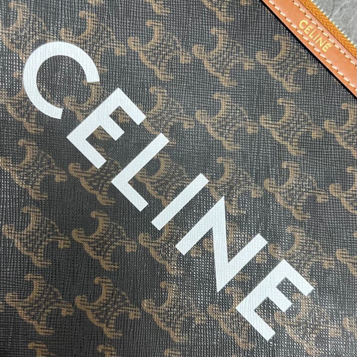 Celine Clutch Bag with Wrist Strap in Dark Monogram With Brown Trim