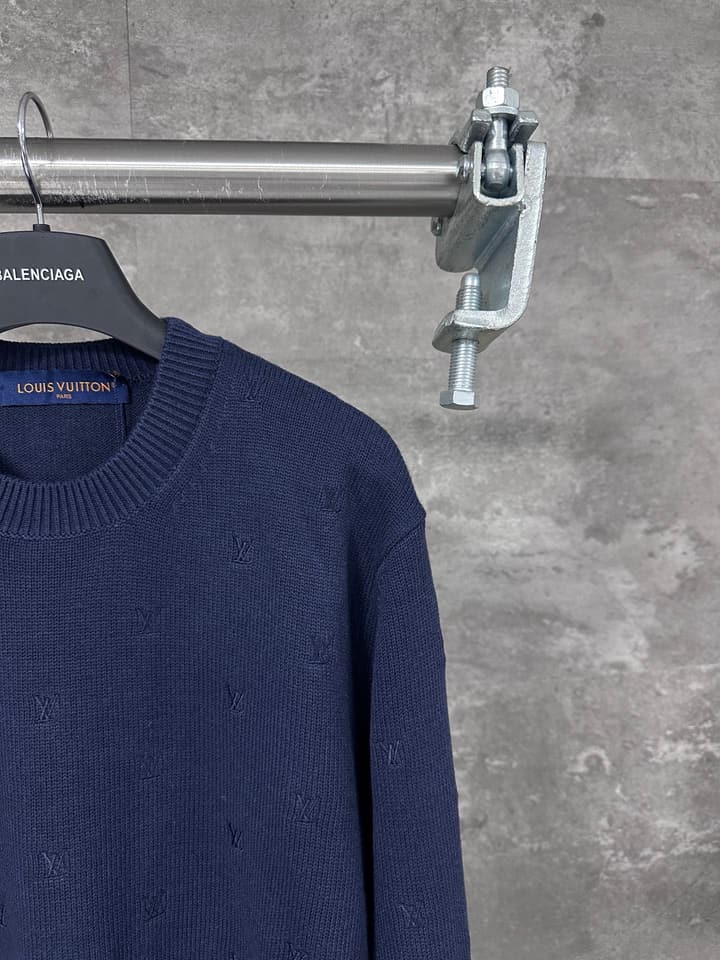 Louis Vuitton Monogram Embroidered Round Neck Sweater in Navy Blue Embroidered Monogram Sweater