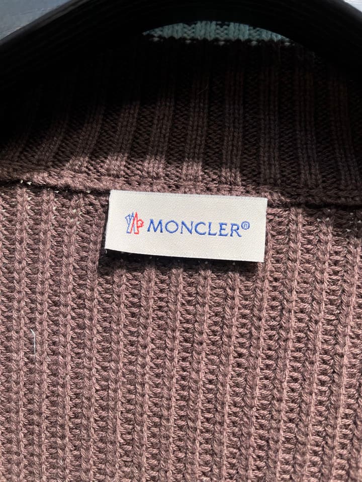 Moncler Knitted Patchwork Stand-Collar Jacket in Dark Brown
