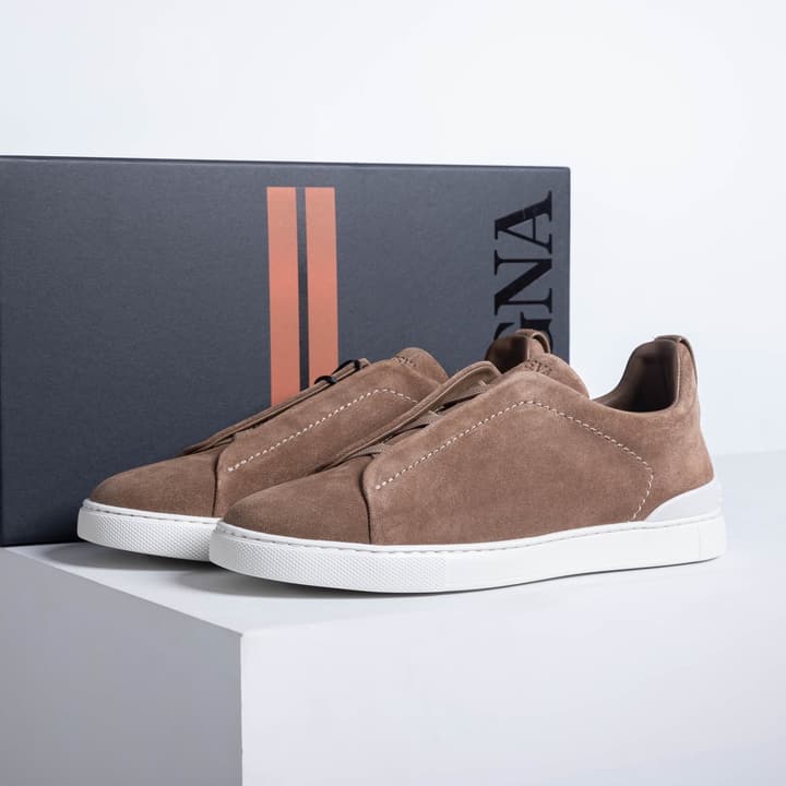 Zegna SECONDSKIN Triple Stitch Low-Top Sneakers in Navy Smooth Leather