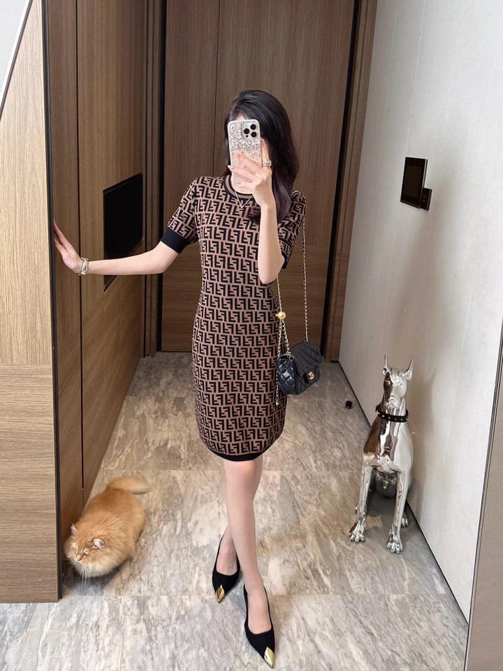Fendi Double F Monogram Jacquard Knit Dress in Coffee Monogram Knit Dress
