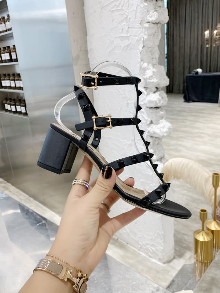 Valentino Studded Classic Block Heel Sandals in Black With Black Studs 6.5cm Heel