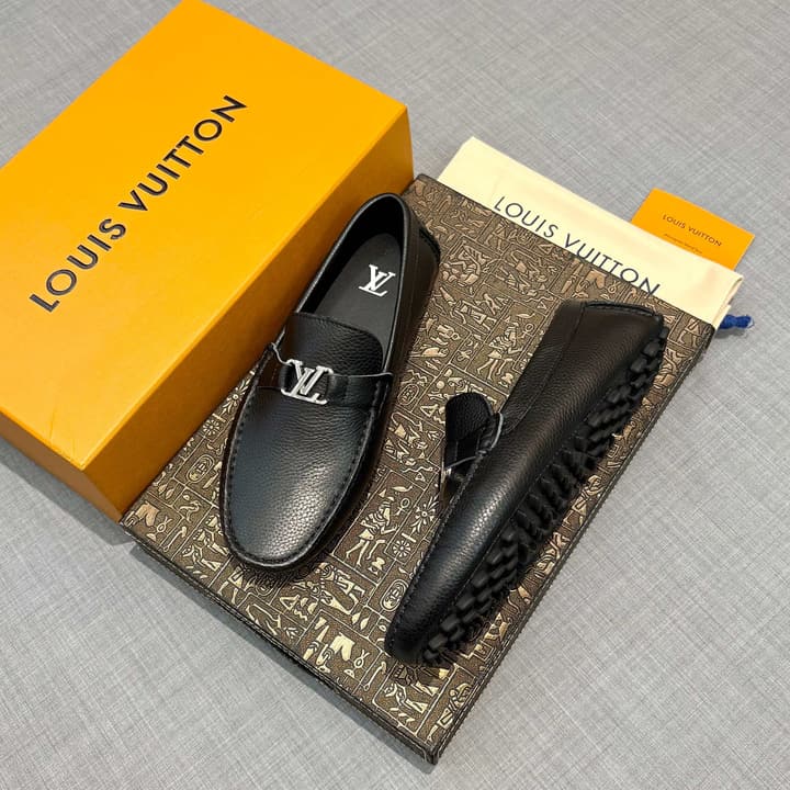 Louis Vuitton Men's Grained Leather Driving Shoes in Dark Gunmetal Hardware