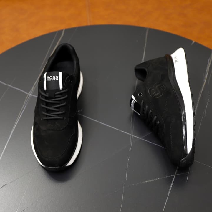Boss Men's Luxury Running Sneakers in Black Mesh With White Sole