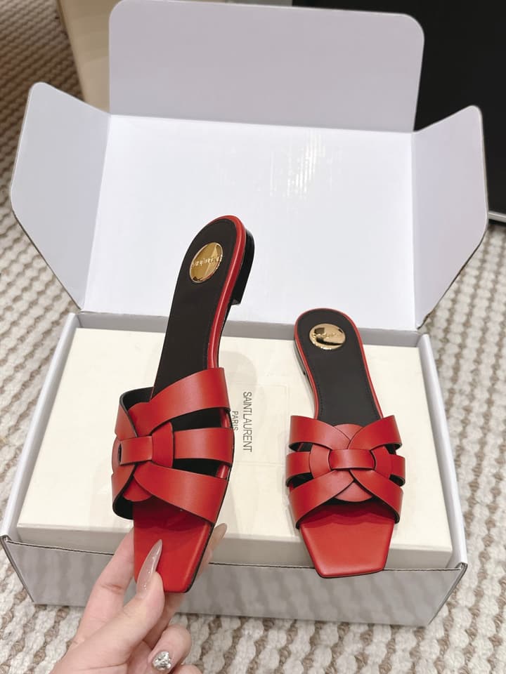 Saint Laurent Melody Square Toe Flat Sandals – 2026SS in Burgundy Patent