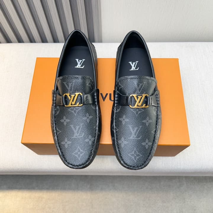 Louis Vuitton Pebbled Leather Driving Shoes in Black Smooth Leather