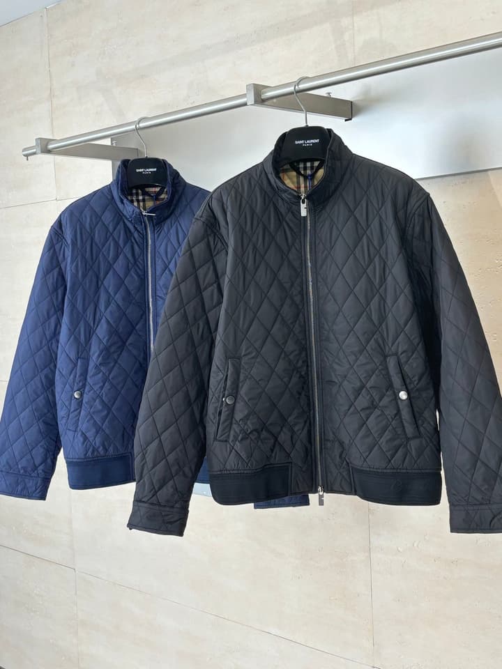 Burberry Diamond Quilted Stand Collar Nylon Jacket in Black