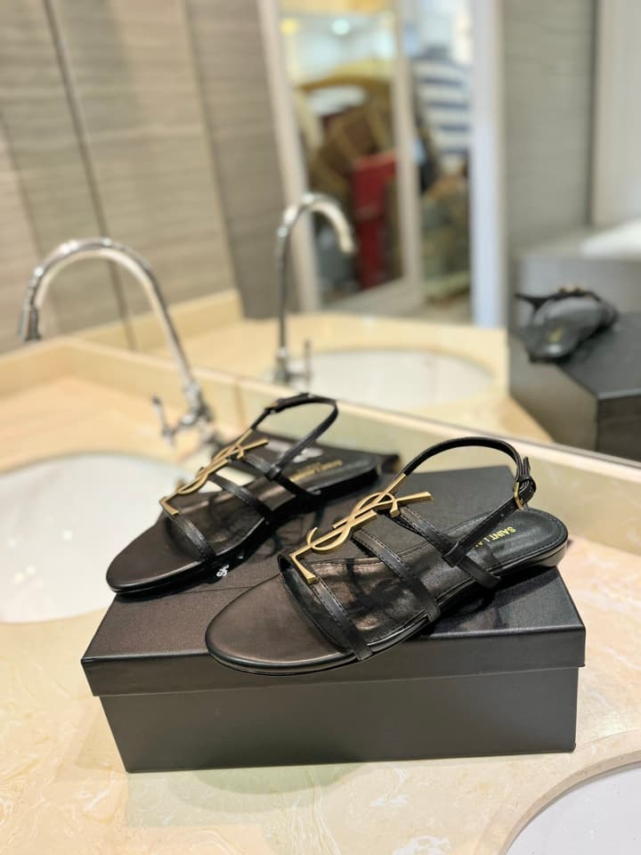 Saint Laurent YSL Metal Logo Heeled Sandals in Matte Black Criss-cross Strap Sandal