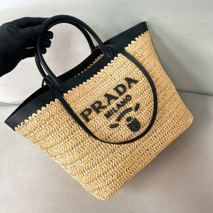 Prada Large Raffia and Leather Tote Bag 1BG499 – Summer Collection in Natural Raffia With Black Leather