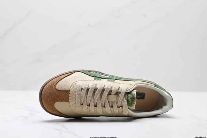 Onitsuka Tiger Tokuten Retro Low-Top Sneakers in Beige With Green Stripes And Brown Accents