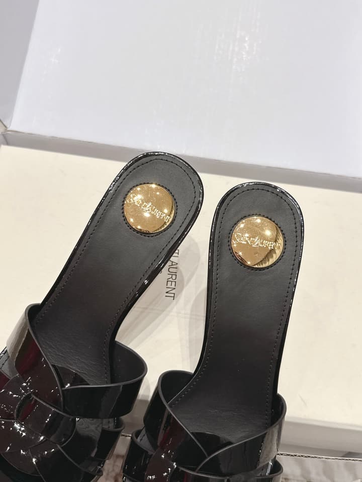 Saint Laurent Melody Square-Toe Heeled Sandals – 2026 Spring/Summer Collection in Beige Patent